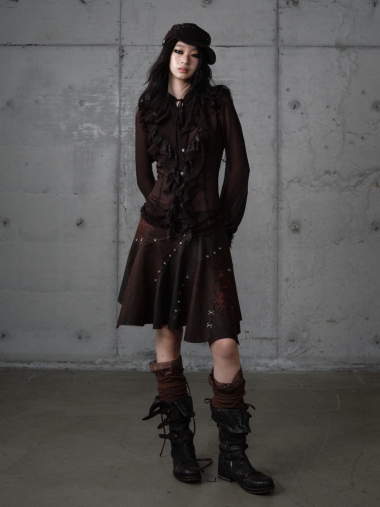 Asymmetrischer Rock Punk Rot mit Stickerei Ödland Saum Braun Blumen Wildleder