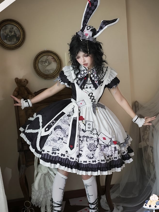 Sweet Lolita Apron Dress OP Full Set with Bunny & Teapot Print in Black and White - Ying Luo Fu