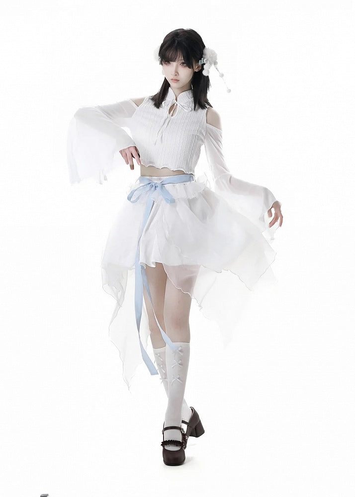 Sleeves Cropped Top White Cheongsam Collar Cutout Shoulder Bell