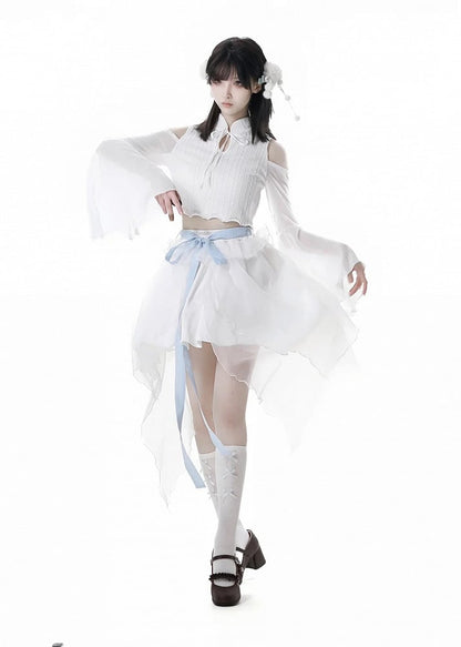 ホワイトのアシンメトリーメッシュヘムスカートバージョン（リボン付き）ショート/ロングセルフタイ