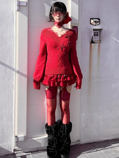 Gothic Red Crochet Crosses Lace Accents V-neck Slim-fit Sweater