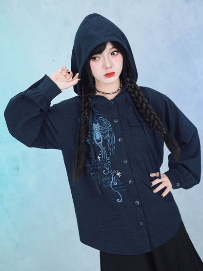 Navy Long Sleeve Hooded Shirt with Sea Angel Graphic Print - Quirky Hut