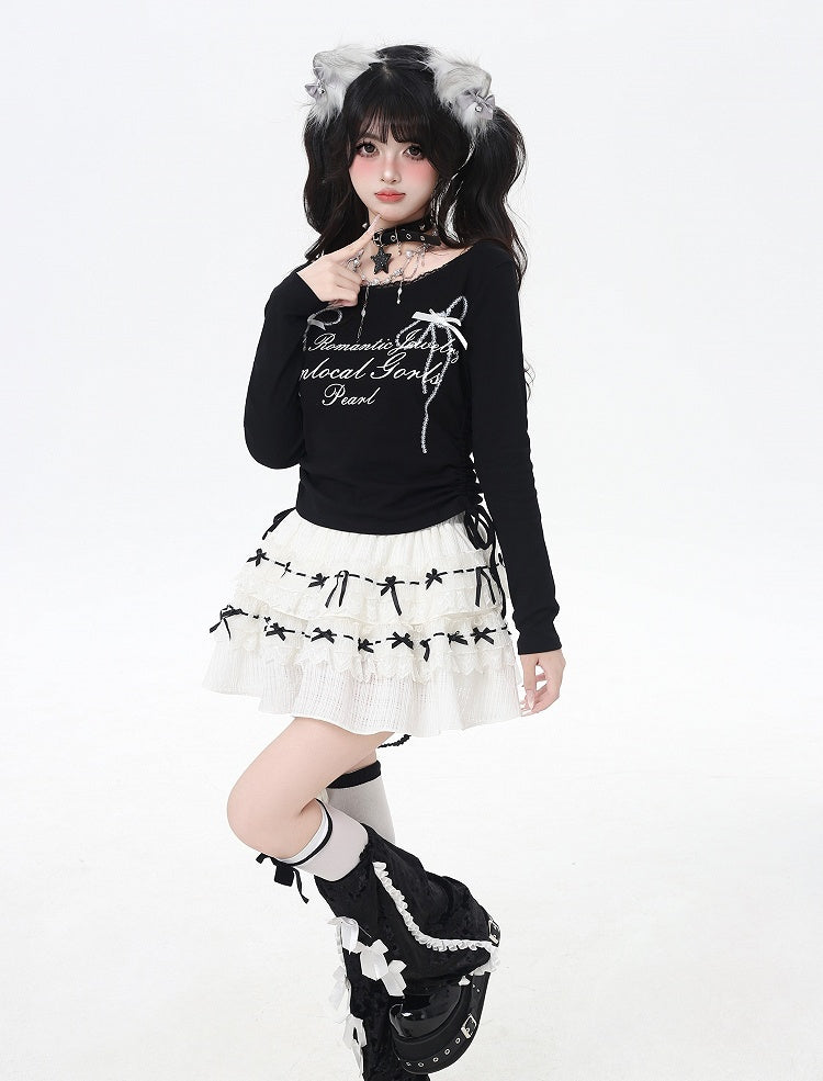 リボンプリントレースのスイートトップトリム、ドローストリングウエスト、ホワイト/ブラック