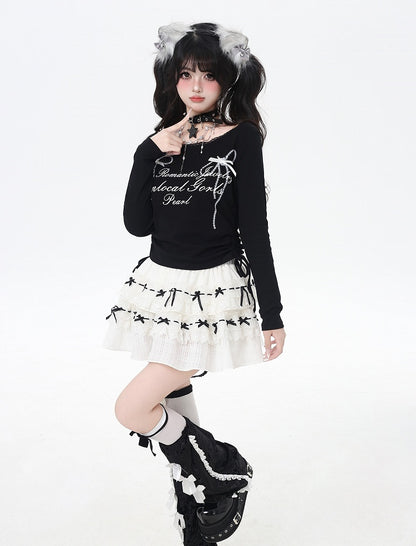 リボンプリントレースのスイートトップトリム、ドローストリングウエスト、ホワイト/ブラック