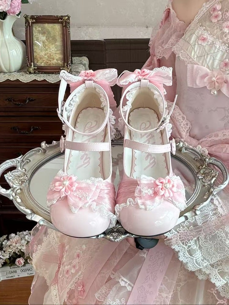 Pink Cherry Flower Heel Sweet Lolita Shoes with Bow - XIN MENG