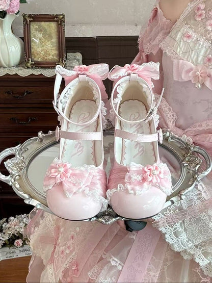 Pink Cherry Flower Heel Sweet Lolita Shoes with Bow - XIN MENG
