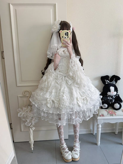 Doll-Style Dress JSK Princess Pure White Lace Lolita Details with Bow