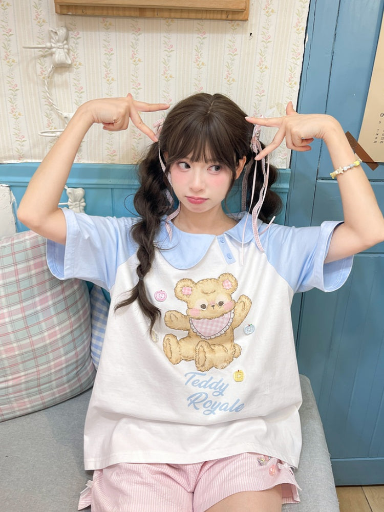 青と白のアシンメトリーピーターパンカラーベアプリントTシャツロングバージョン