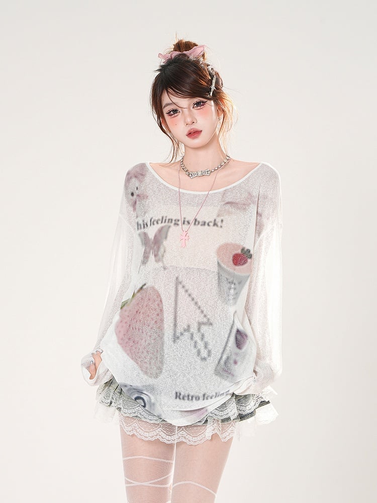 Erdbeerdruck Asymmetrischer Ausschnitt Weiß/Pink