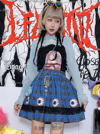 and Blue Trim Plaid Ruffle Y2K Punk Skirt Lace Eye with Embroidery