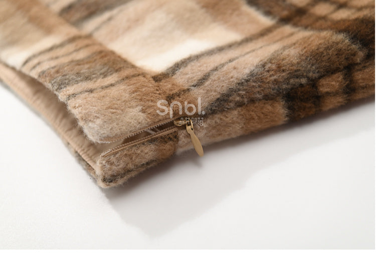 Brown High Waist Plaid Skirt Plush Trim