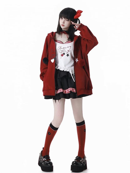 Drawstrings Zip-up with Red Plush Hoodie Pom-Pom