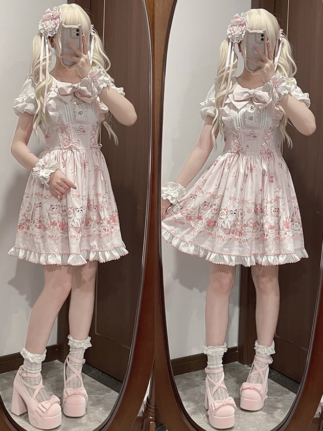 Lace-up Design Sweet Pleating Kei Details Print Pink Cat Jirai