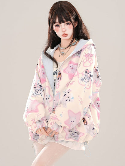 Blue Cute Puppies Pattern Reversible Zip Hoodie