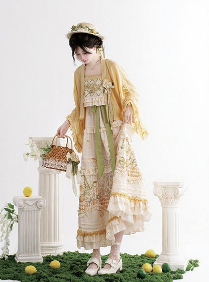 Lemon and Jasmine Theme Beige Embroidery Long Slip Dress with Hanfu Element Design - Luo Xiu Dong Xiang