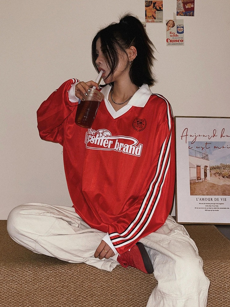 Red Sweatshirt White with Sport Vintage Stripes Side