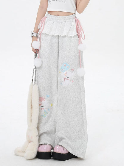 Pink with Pom-Pom Drawstrings and Puppy Embroidery Blue/Light Trim Light Gray/Light Wide-Leg Pants in Lace