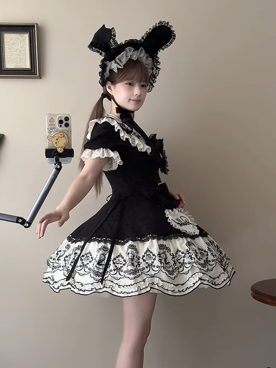 Dress Appliques Rabbit Lace-Trimmed Pattern Sweetheart Black Lolita Polka Sweet with Dot