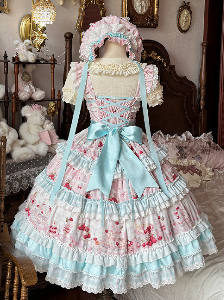 Blue Cherry Cake Print Sweet Lolita Dress with Bow Details - Strawberry Fantasy