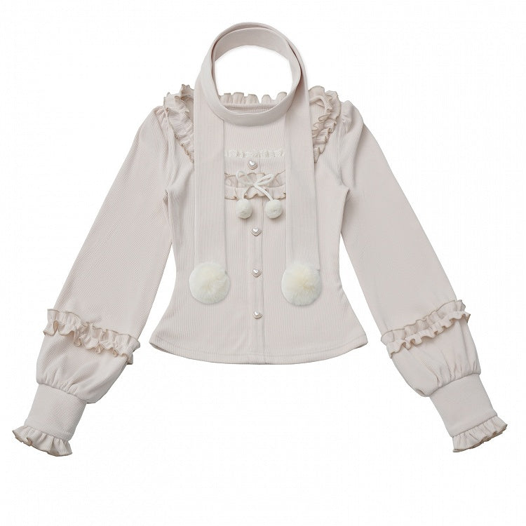 Knit Set Long Scarf Top Beige - Decor Sleeve Pompon