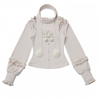 Knit Set Long Scarf Top Beige - Decor Sleeve Pompon