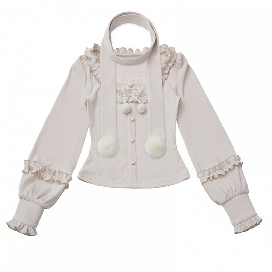 Knit Set Long Scarf Top Beige - Decor Sleeve Pompon