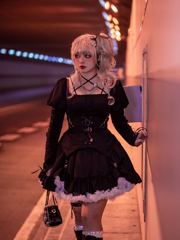 Black Punk Halter Long Sleeve Drawstring Lolita Top with Skirt Set - NanaRiot
