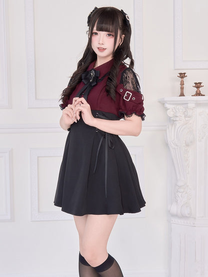 Jirai Kei – Rotes Kleid mit hoher Taille und Kunstschnürung, Schwarz/Schwarz, zweiteilig