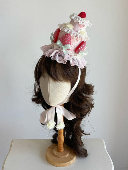 Pink Strawberry Cake-Shaped Lolita Hat with Lace Trim - Ball Lolita