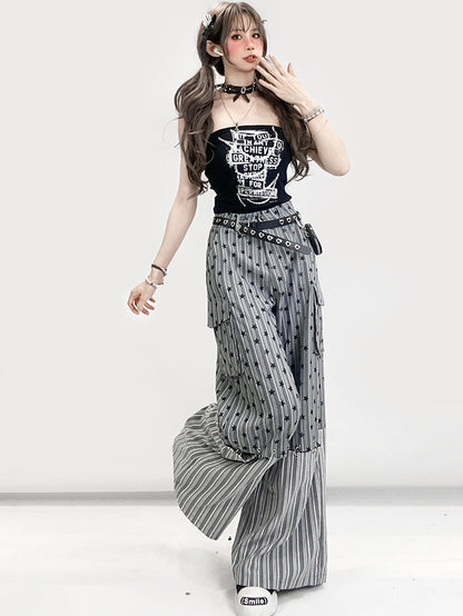 グラマラスカットのワイドレッグビタースイートグレー柄ストライプスターと