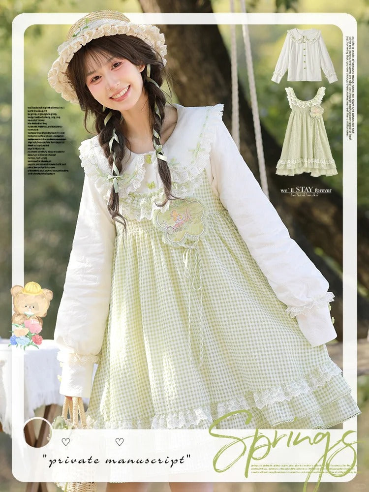 Green and White Plaid Ruffle Hem Overalls Mori Kei Dress