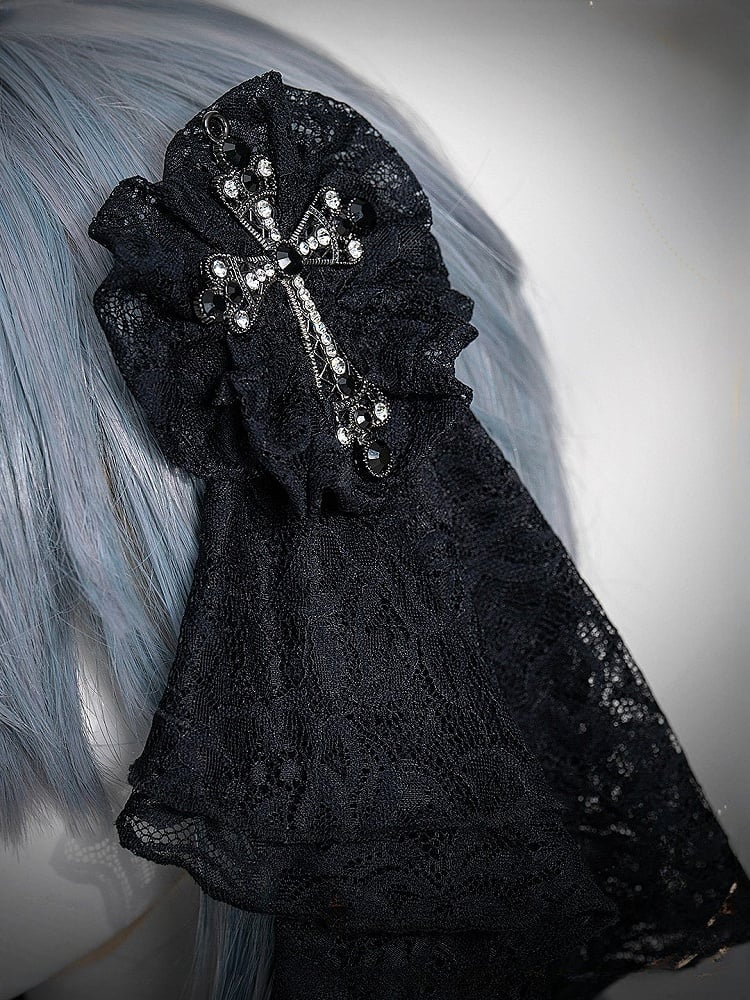 Hairclip Beaded Dark / Rhinestone Black Lace Blue with Cross