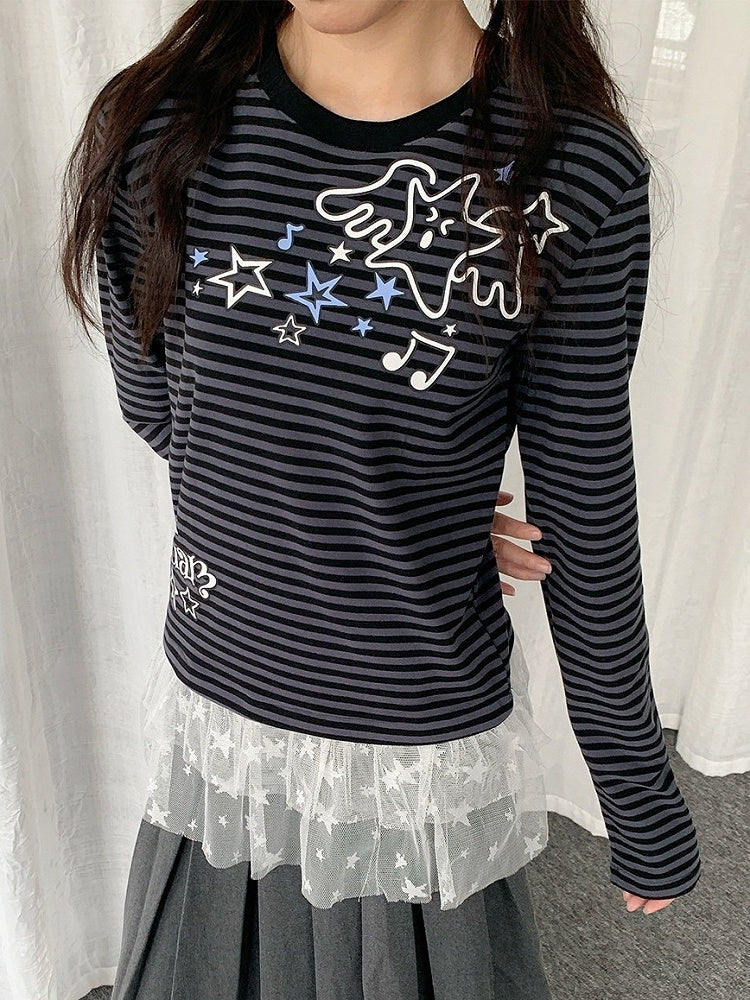 Two Tone Striped Crew Neck Lace Trim Star Top - Solkatt
