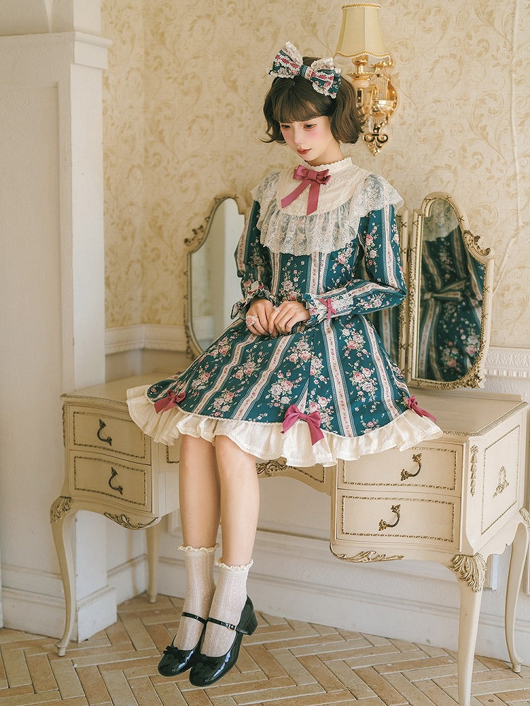 Teal Floral Print Vintage Lolita OP Dress with Lace Detailing & Elegant Design - With PUJI
