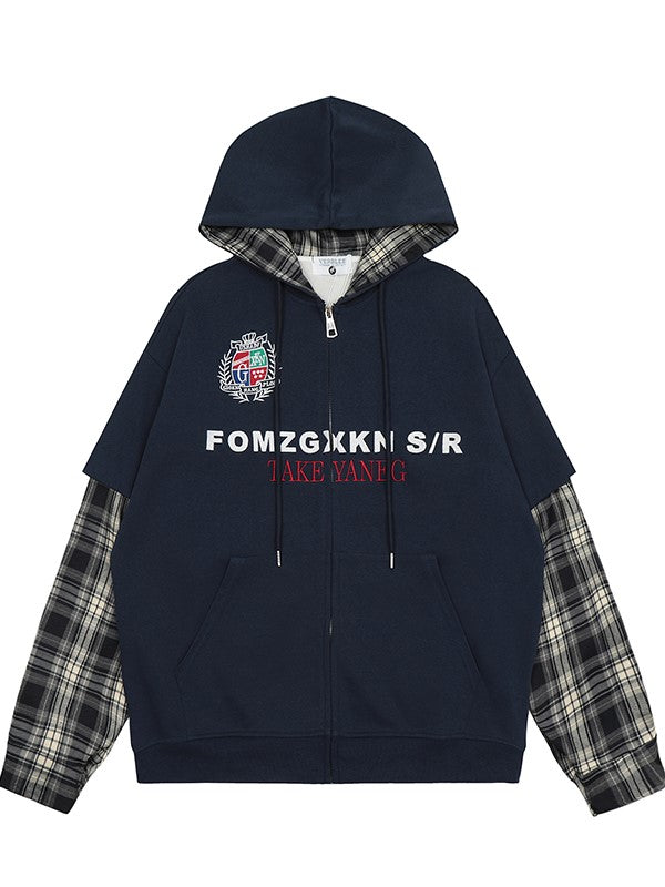 Weiß Schwarz Ärmel Plaid Blau Navy Patchwork Hoodie