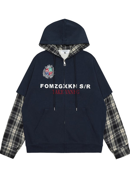 Weiß Schwarz Ärmel Plaid Blau Navy Patchwork Hoodie