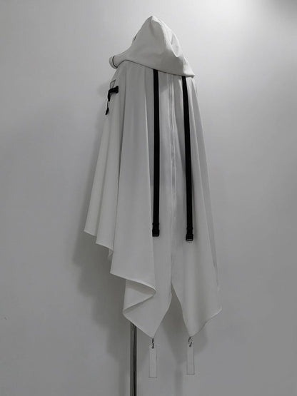 Straps Hem Ouji with High-low Hooded Cyberpunk and Lolita Buckle Cape White Futuristic
