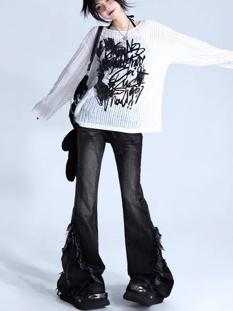 Seams Side with Wash Raw Hem Low-Waisted Black Flare Jeans Vintage