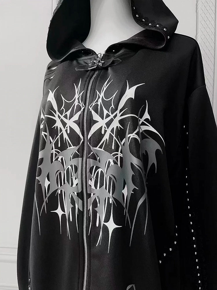 Distressed Black Thorn Graphic Jirai-Kei Hooded Jacket with Stud Accents - Puppet Bombs