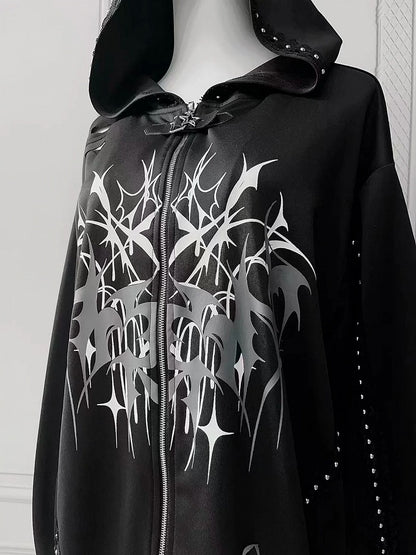 Distressed Black Thorn Graphic Jirai-Kei Hooded Jacket with Stud Accents - Puppet Bombs