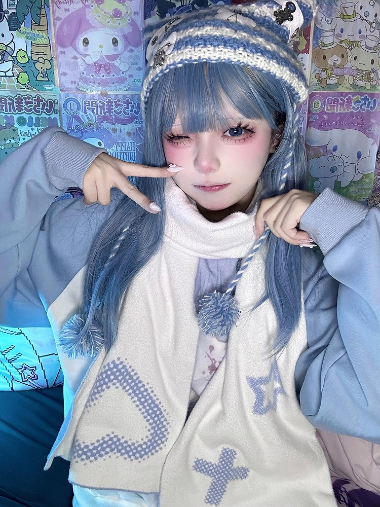 White-Blue Reversible Scarf with Star & Heart Knit - Alita26SS