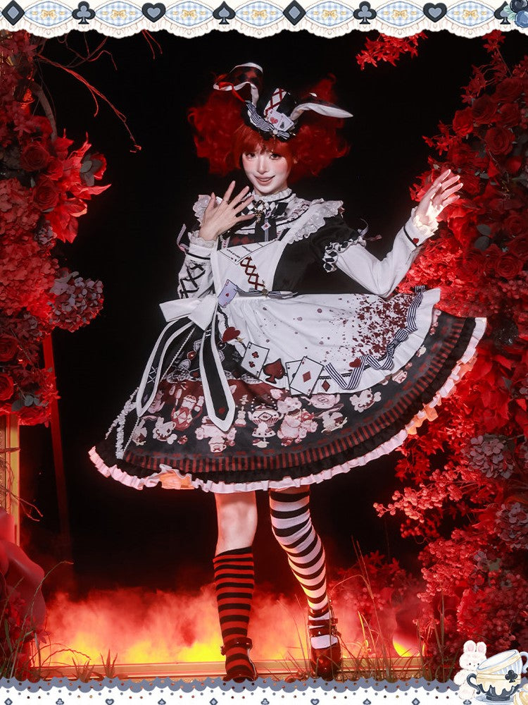 Sweet Lolita Apron Dress OP Full Set with Bunny & Teapot Print in Black and Red - Ying Luo Fu