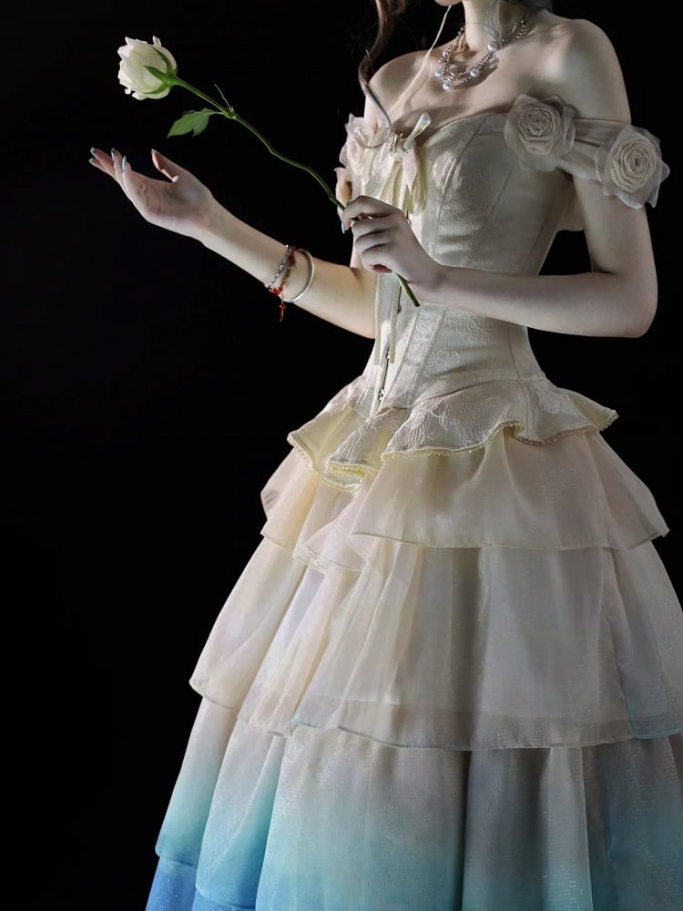 Lolita Accents Corset Rose Beige Jacquard Shoulder Top with