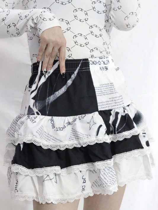 Rock Und mit Spitze Gyaru Mode Tiered Weiß/RosaSchwarz Trim Print Spinne Brief