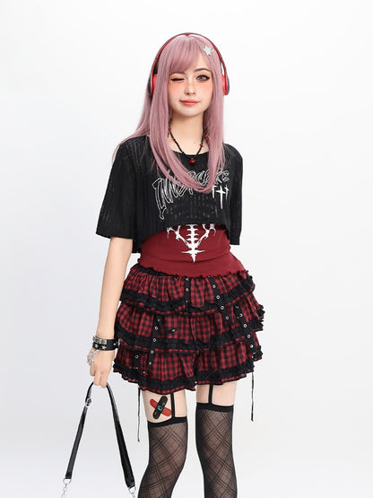 Red/Gray Tank Top with Halter Neck Coverup Set Graphic Black Y2K Cropped