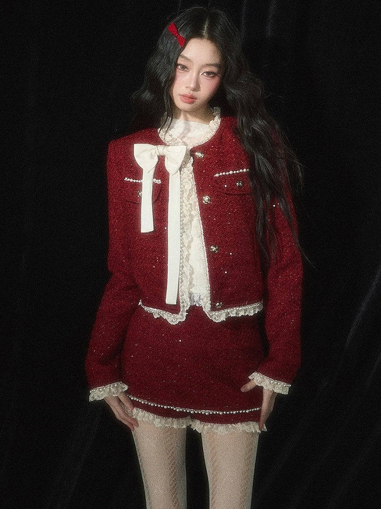 Weihnachtsroter Tweed-Skort, Spitzenbesatz an den Bündchen, Perlendetails