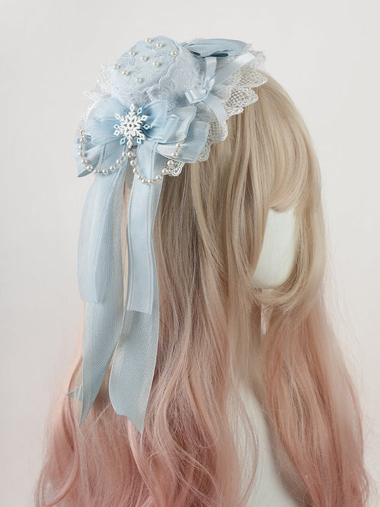 Blue Big Bow Lace Trim Snowflake Mini Hat with Beaded Chain