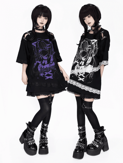 and Fastener Shoulder Anime Girl Graphic T-Shirt Black Decorative Black White / with Lace Embellishment Purple