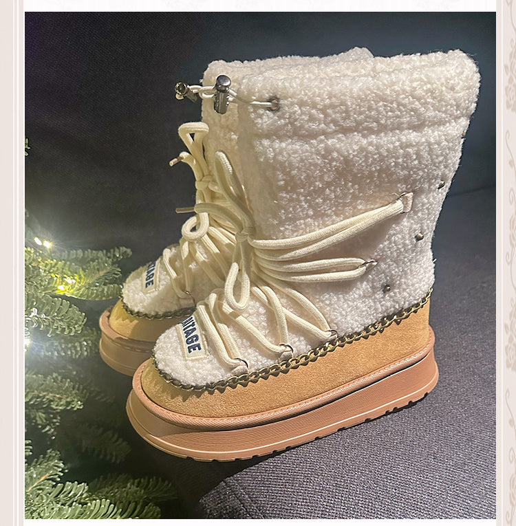 キャメルヒールのプラッシュプラットフォームブーツ