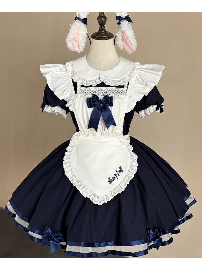 Dark Blue Maid OP with Striped Lace Accents - Sheep Puff Atelier